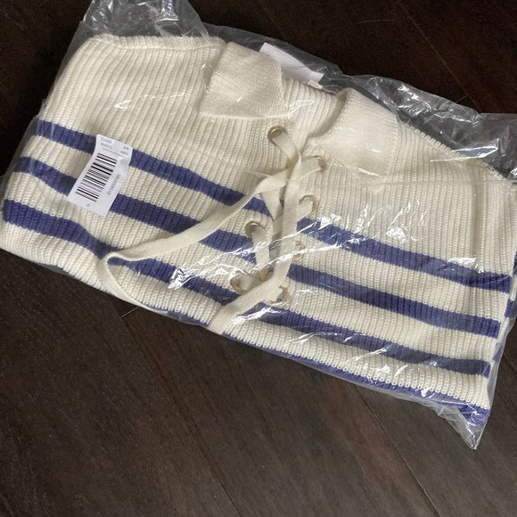 LOFT:  Striped Lace Up Polo Sweater - white/blue - Picture 4 of 9